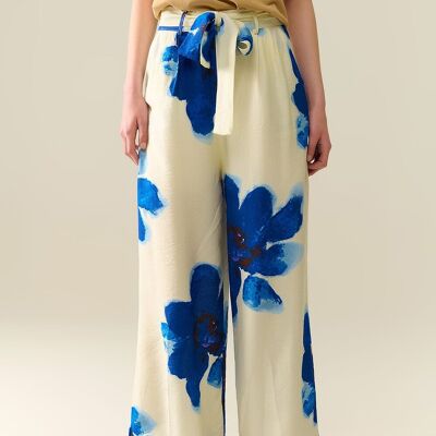 Pantalon Palazzo blanc à imprimé floral tropical bleu et ceinture assortie