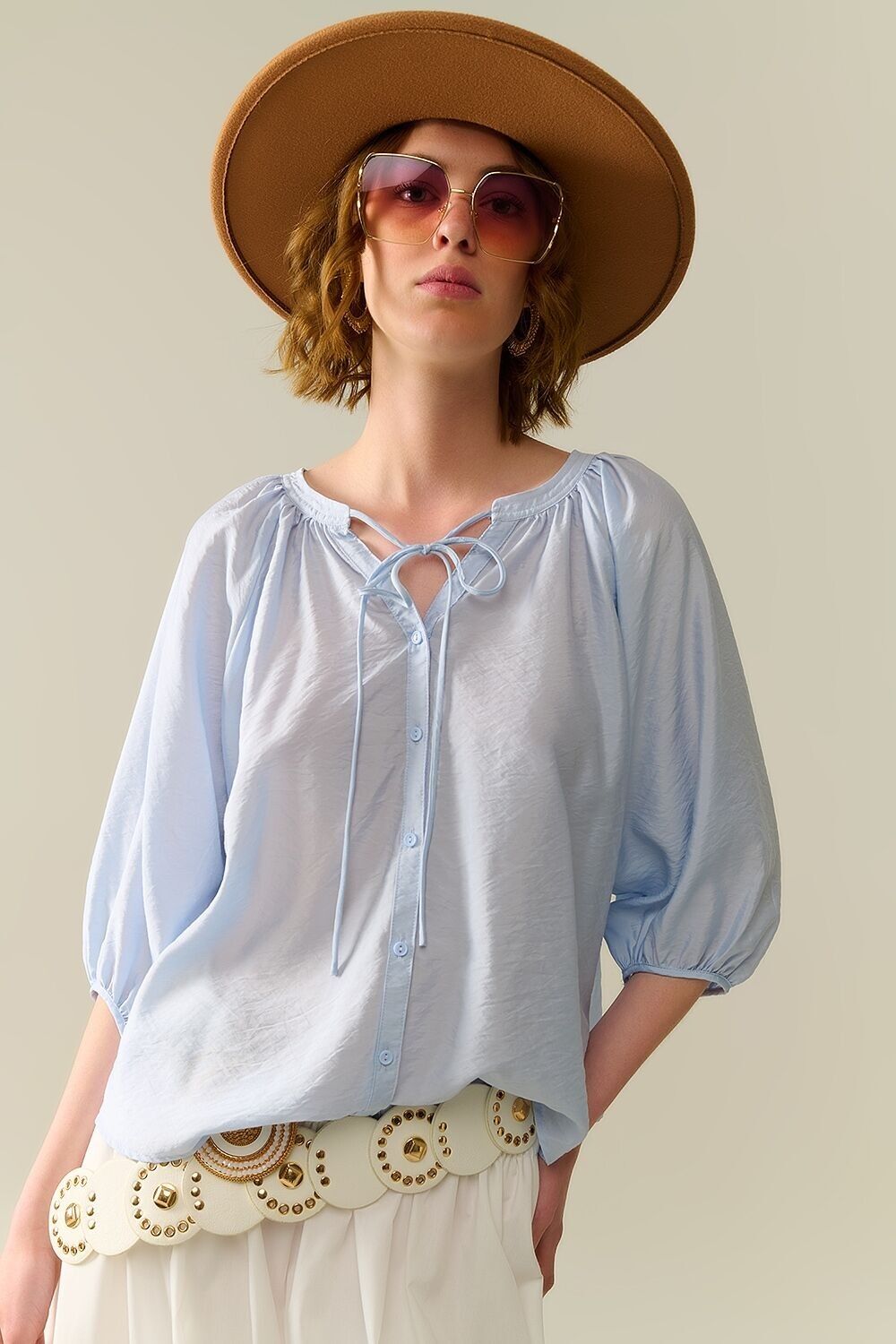 Baby Blue chiffon Top With Puffed Sleeves