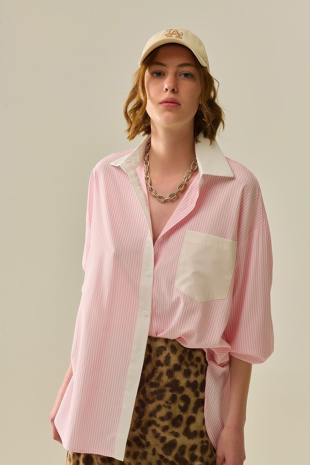 Pink Striped Shirt with pocket and white collar