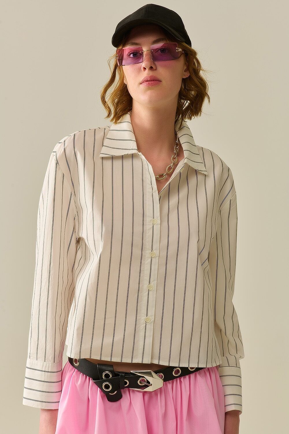 camicia in popeline a righe bianche corta