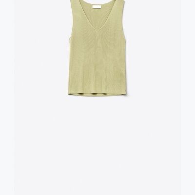 khaki sleeveless fine knitted top With V-Neck
