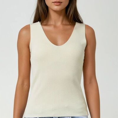 Beige sleeveless fine knitted top With V-Neck