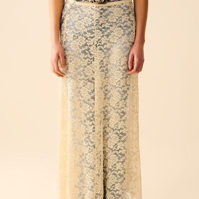 Jupe longue en dentelle beige à motif floral