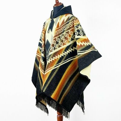 Alpaca wool Hooded Unisex Poncho XXL - Aztec pattern - BLACK