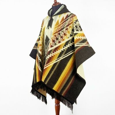 Alpaca wool Hooded Unisex Poncho XXL - Aztec pattern - BROWN