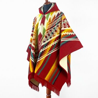Alpaca wool Hooded Unisex Poncho XXL - Aztec pattern - RED