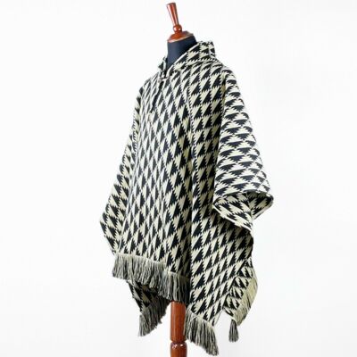 Alpaca wool Hooded Unisex Poncho XXL- Aztec chex pattern - Black/White