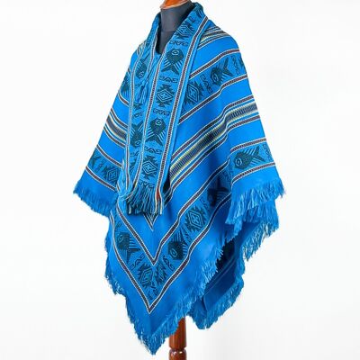 Alpaca wool Unisex Serape Poncho Pullover with scarf - Authentic pattern - blue