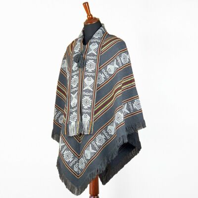 Alpaca wool Unisex Serape Poncho Pullover with scarf - Authentic pattern - gray
