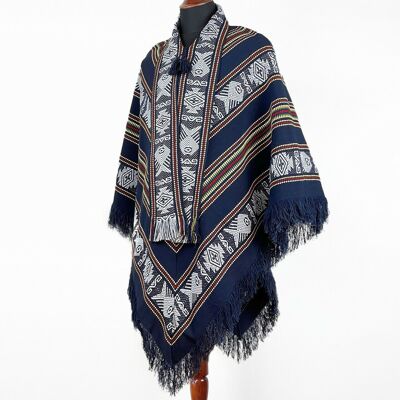 Alpaca wool Unisex Serape Poncho Pullover with scarf - Authentic pattern - navy blue