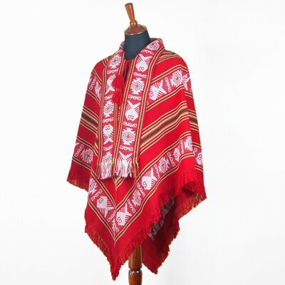 Alpaca wool Unisex Serape Poncho Pullover with scarf - Authentic pattern - red