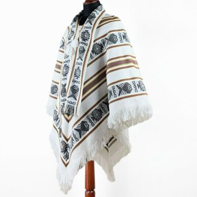 Alpaca wool Unisex Serape Poncho Pullover with scarf - Authentic pattern - white