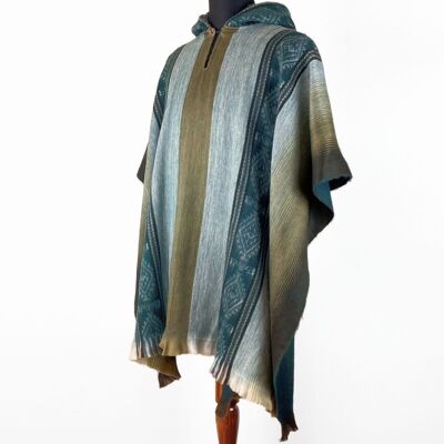 Jatuncocha - Lightweight Baby Alpaca Hooded Poncho - Emerald Green Tobacco - Unisex