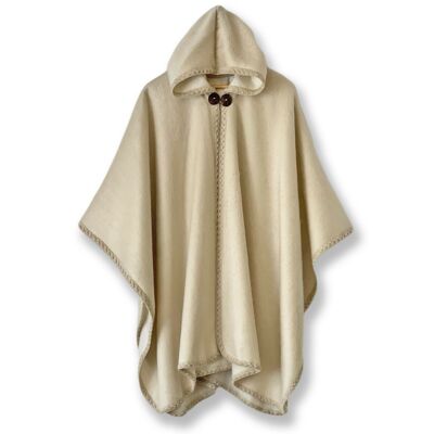 Lightweight Baby Alpaca Wool Unisex Hooded Cape Poncho - Solid Cream