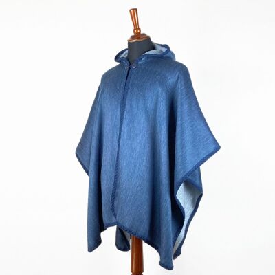 Lightweight Baby Alpaca Wool Unisex Hooded Cape Poncho - Solid Deep Blue