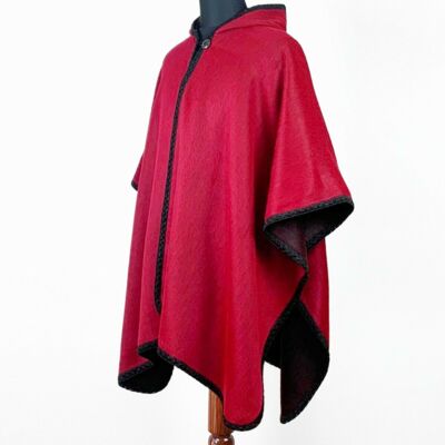 Lightweight Baby Alpaca Wool Unisex Hooded Open Cape Poncho - RED