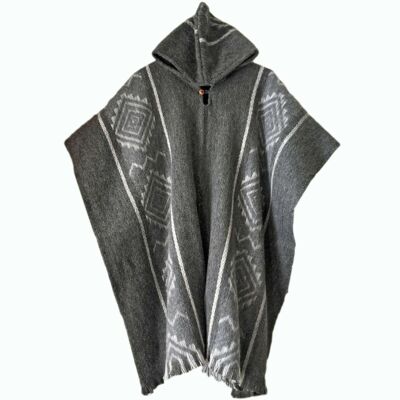 Llama Wool Unisex South American Handwoven Hooded Poncho - diamonds pattern