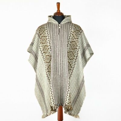 Llama Wool Unisex South American Handwoven Hooded Poncho - striped with diamonds pattern beige