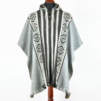 Llama Wool Unisex South American Handwoven Hooded Poncho - striped with diamonds pattern gray 2