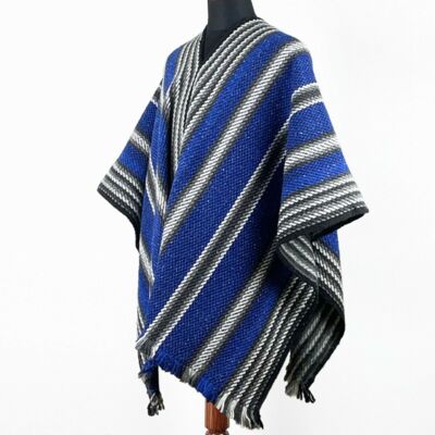 Llama Wool Unisex South American Handwoven Hooded Poncho - thin stripes - blue