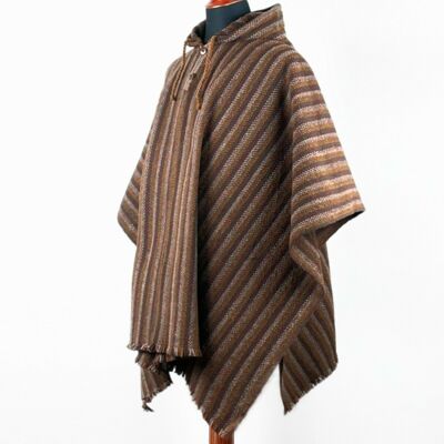 Llama Wool Unisex South American Handwoven Hooded Poncho - thin stripes - brown