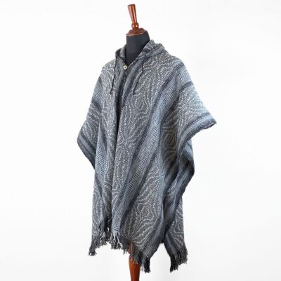 Llama Wool Unisex South American Handwoven Hooded Poncho - wavy striped pattern 2