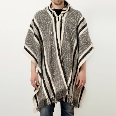 Llama Wool Unisex South American Handwoven Hooded Poncho - wavy striped pattern 3