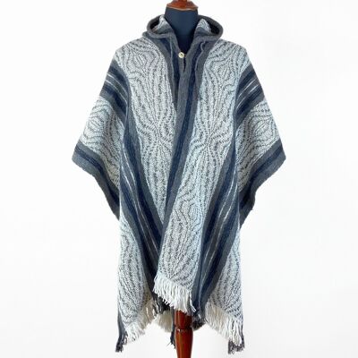 Llama Wool Unisex South American Handwoven Hooded Poncho - wavy striped pattern 4