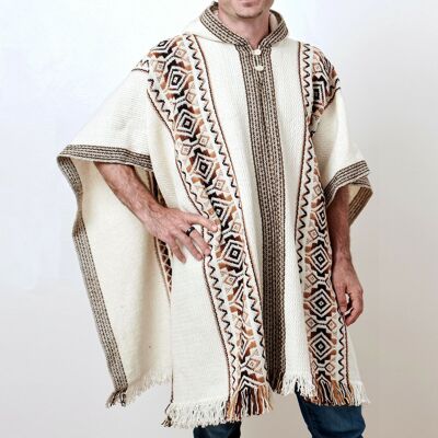 Llama Wool Unisex South American Handwoven Hooded Poncho - white with diamonds pattern