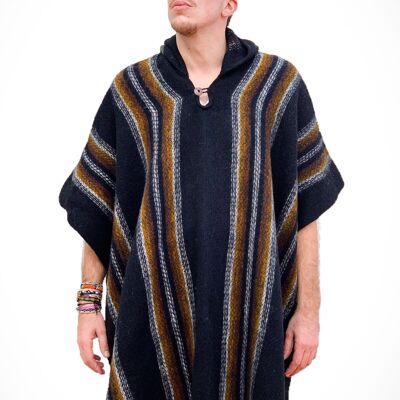 Llama Wool Unisex South American Handwoven Hooded Poncho Pullover - striped pattern black