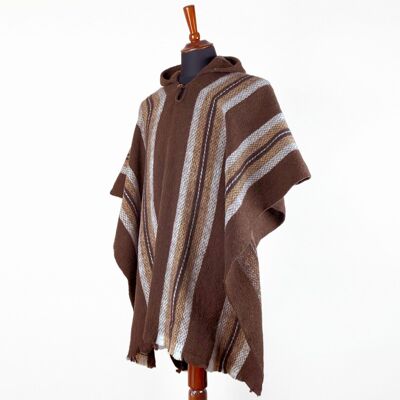 Llama Wool Unisex South American Handwoven Hooded Poncho Pullover - striped pattern brown