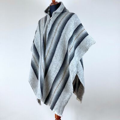 Llama Wool Unisex South American Handwoven Hooded Poncho Pullover - striped pattern gray