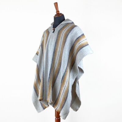Llama Wool Unisex South American Handwoven Hooded Poncho Pullover - striped pattern gray 2