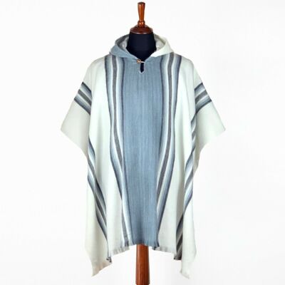 Llama Wool Unisex South American Handwoven Poncho - striped pattern White/Gray