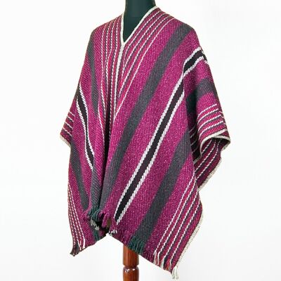 Llama Wool Unisex South American Handwoven Serape Poncho - striped pattern purple-magenta