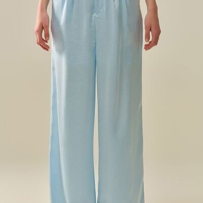 Pantaloni su misura in raso con gamba larga in azzurro