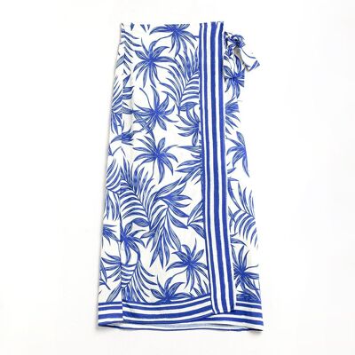 Gonna midi in tessuto leggero con motivi tropicali in blu e bianco