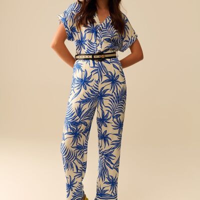 Mono de manga corta con motivo tropical en azul y blanco