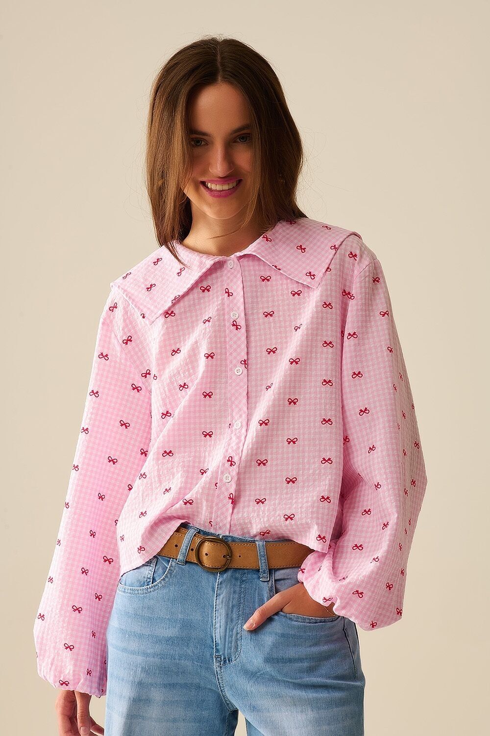 Gingham Peter Pan Collar Blouse in Pink With Bow Print