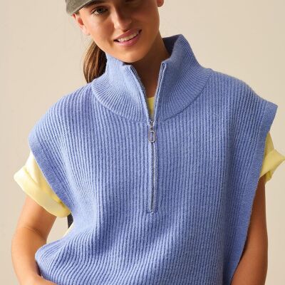 Knitted Vest With Half Zip Turtle Neck And Big Arm holes in blue