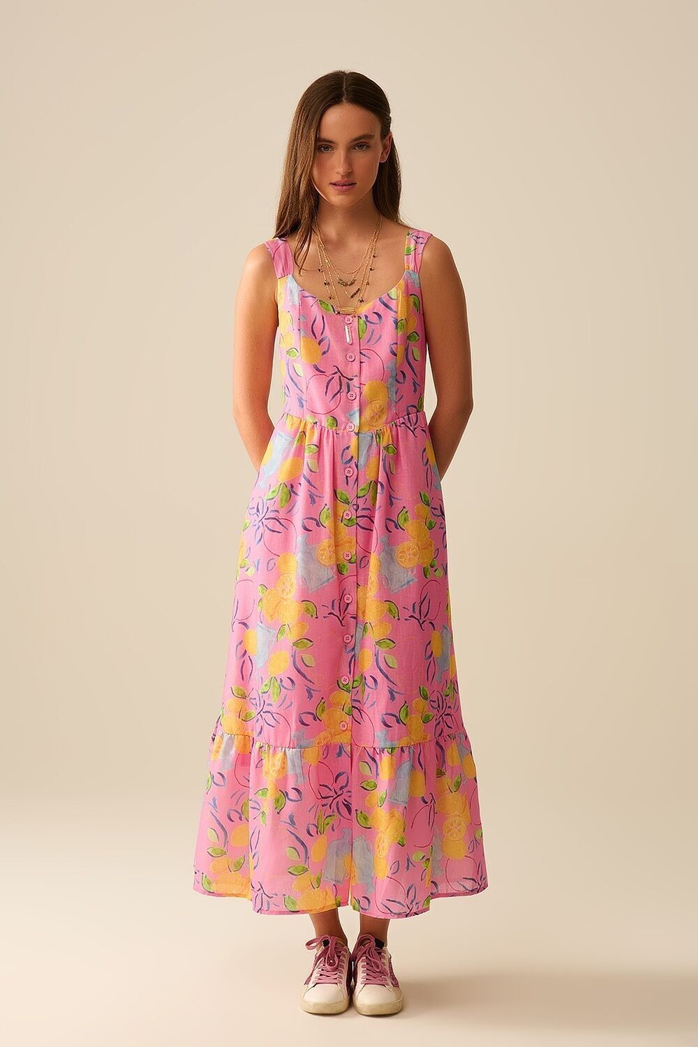 Pink Sleeveless maxi Dress with Lemon Print