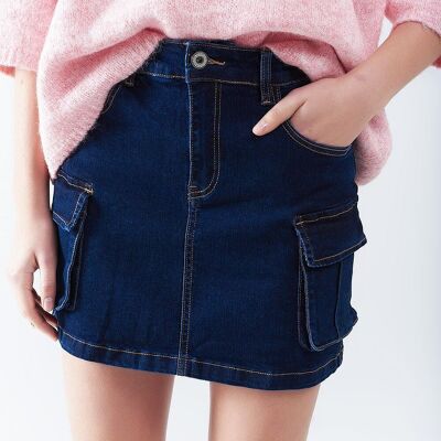 Gonna in denim cargo lavaggio scuro con cuciture a contrasto