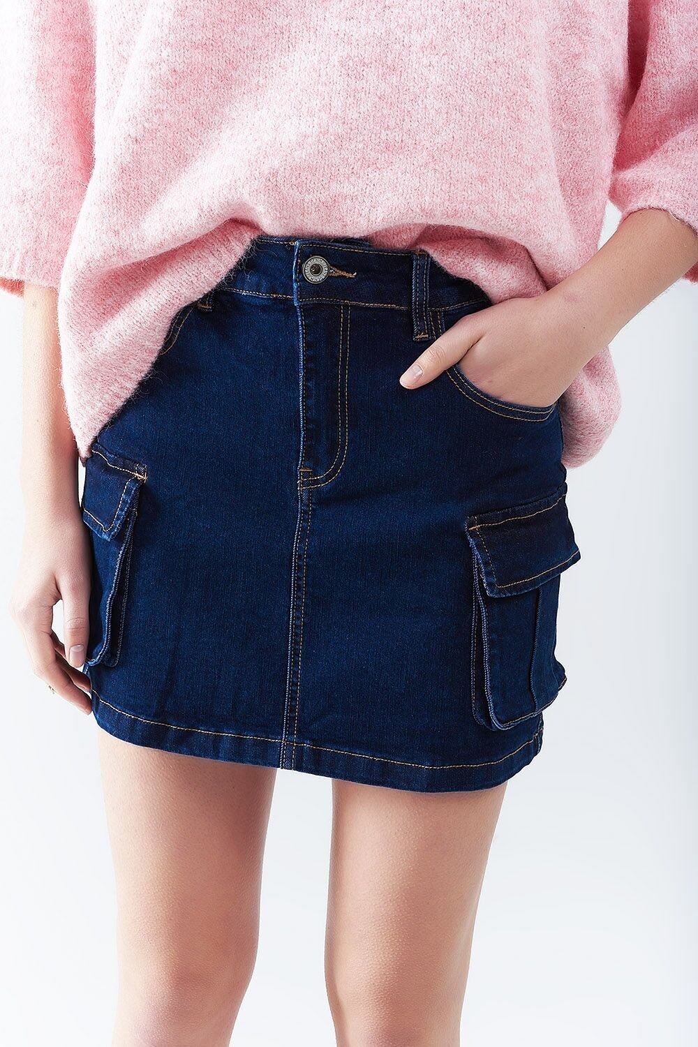 Cargo Denim Skirt in dark Wash With Contrasting Stitching