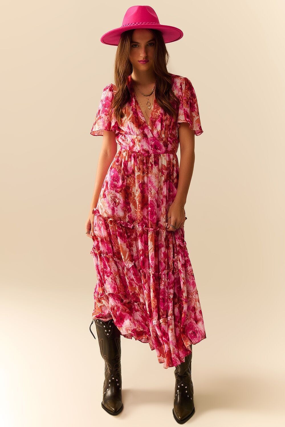 Maxi Tiered Romantic Dress With chiffon Floral Print In Pink