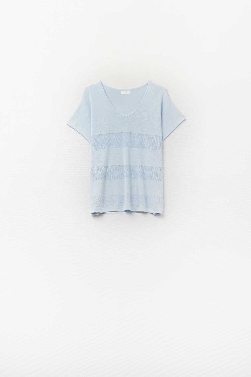 Maglione con scollo a V azzurro con dettaglio in maglia aperta