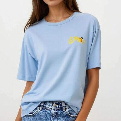 Camiseta azul con gráfico de limón, fabricada en Italia.
