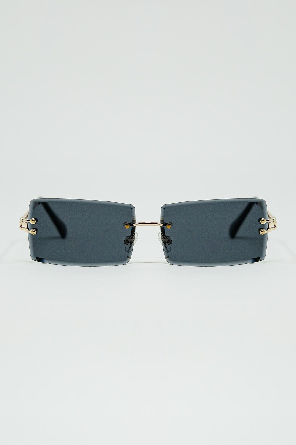 Schmale, randlose, quadratische Sonnenbrille in Gold mit schwarzen Gläsern