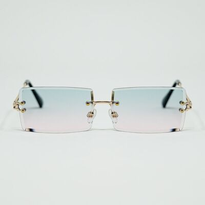 Gafas de sol cuadradas sin montura fina doradas con lentes degradadas en turquesa y rosa