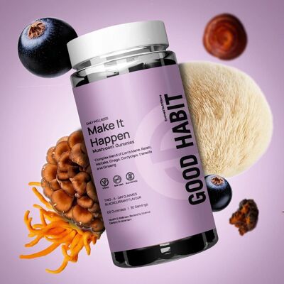 Make it Happen Six Mushroom Premium Gummies | 60 gusti vegani di ribes nero