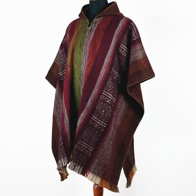 Sangay - Lightweight Baby Alpaca Wool Hooded Poncho - Burgundy Red - unisex